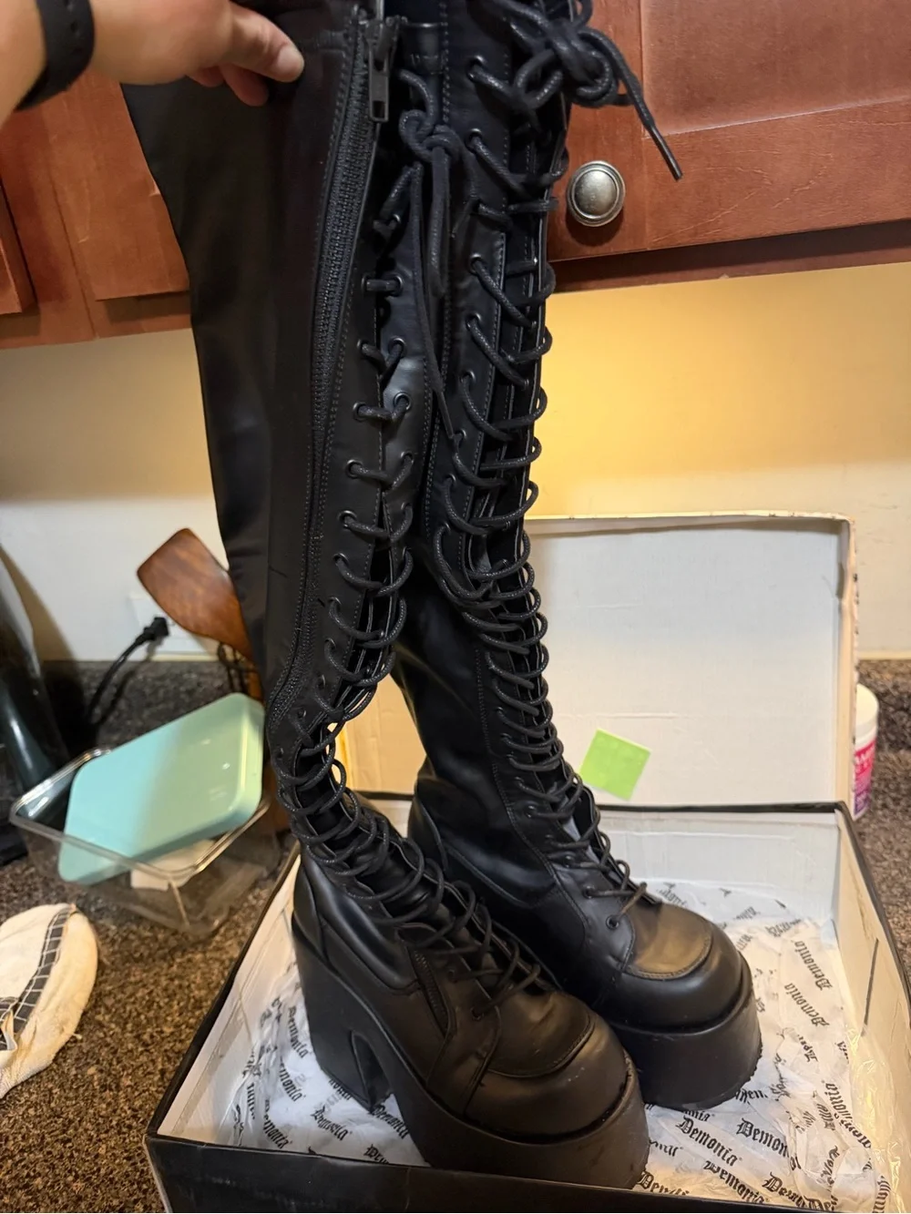 Demonia Camel-300WC Tall Platform Boots